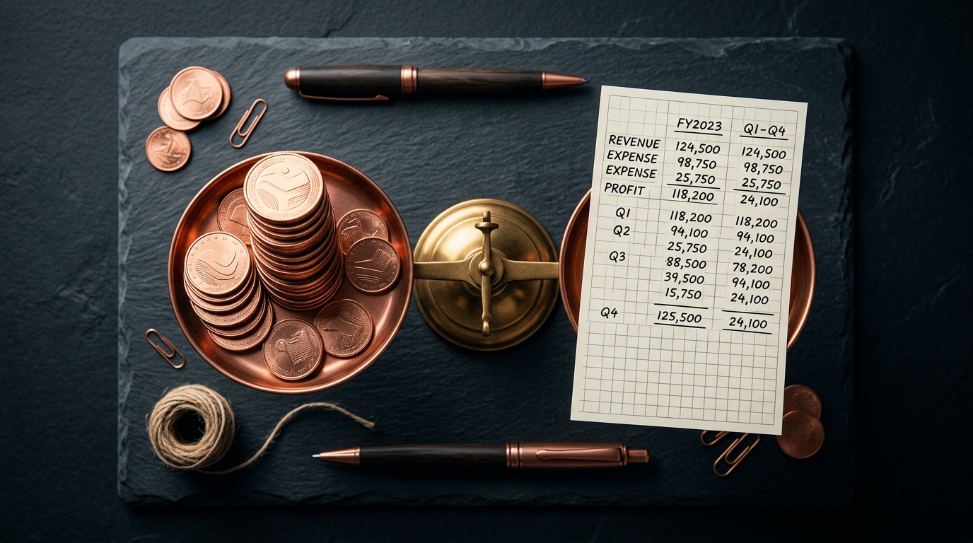 A stylized overhead flat-lay of financial items representing financial precision and profit analysis.