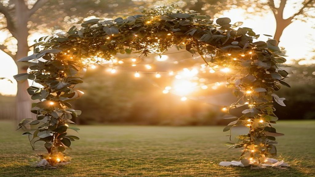 A simple wedding arch on a lawn at sunset with glowing string lights.