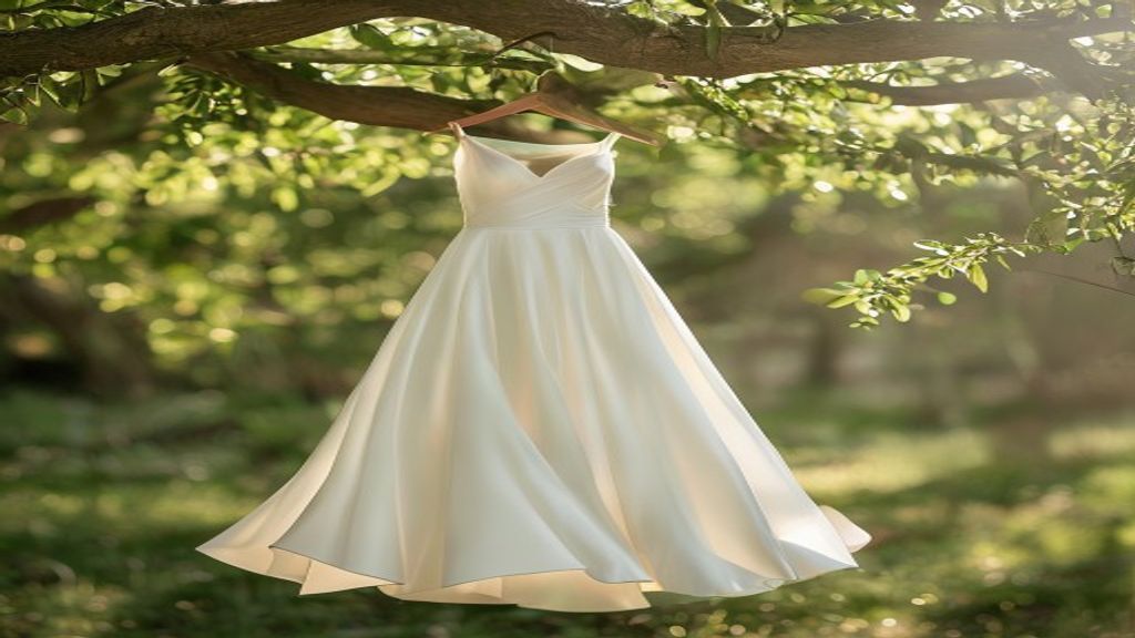 An elegant white wedding dress hanging from a garden tree branch in soft sunlight.