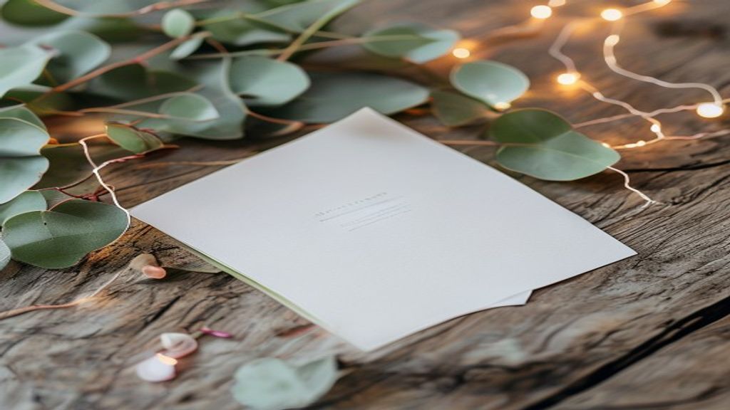 An elegant wedding invitation surrounded by eucalyptus and warm string lights on a rustic table.