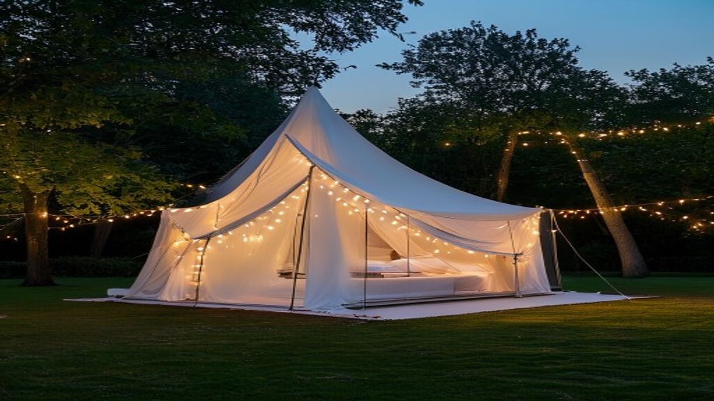 A glowing white wedding tent set up on a lawn at twilight with warm interior lighting.