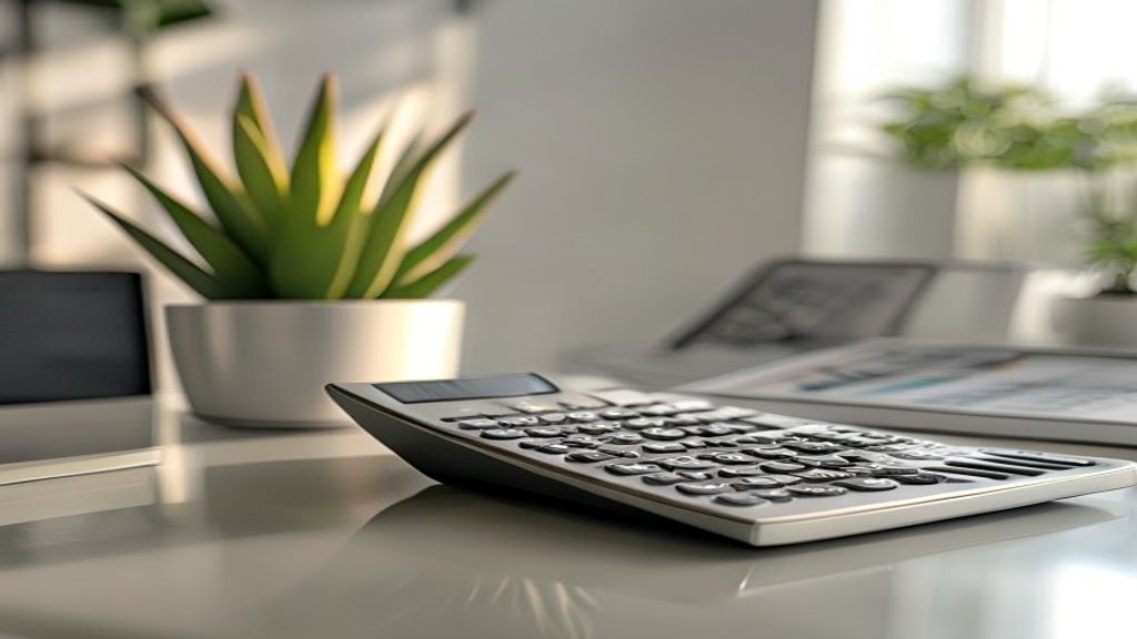 A sleek, professional desk setup with a calculator, financial planner, and a potted plant.