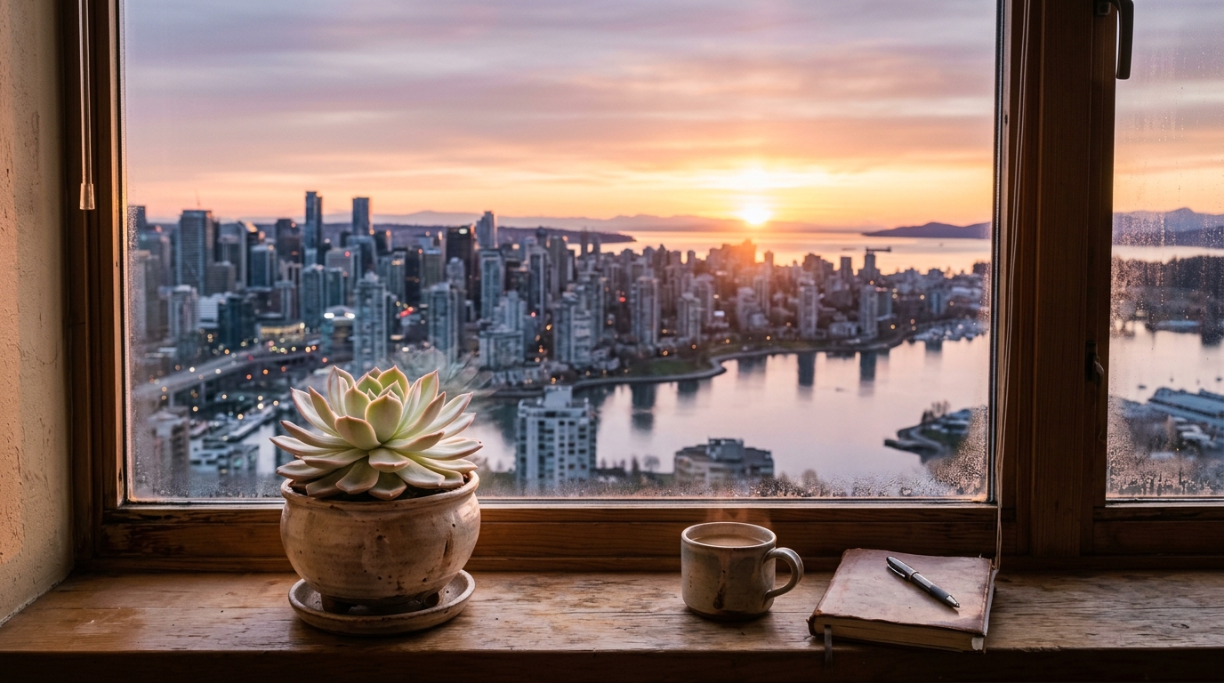 A sunrise over a peaceful city skyline seen through a window, with a succulent plant on the sill.
