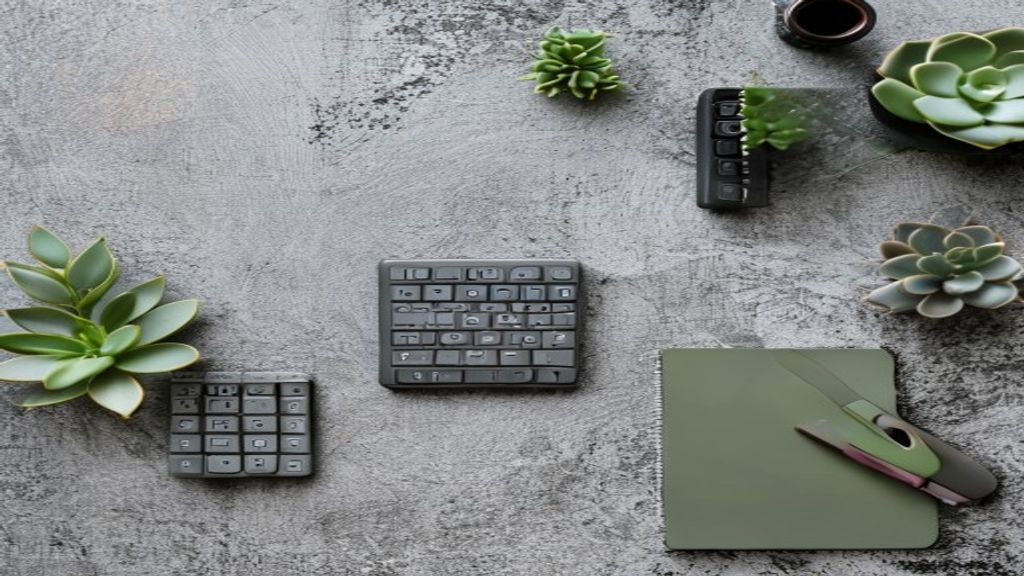 An ergonomic numeric keypad, a modern computer mouse, and a notebook on a grey workspace.