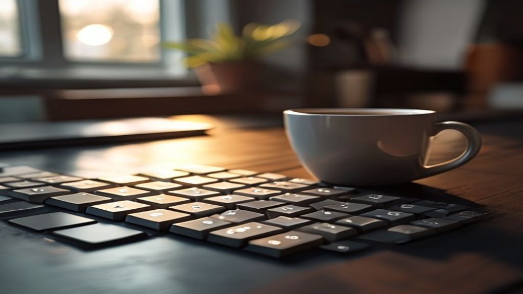 A close-up cinematic shot of a modern, sleek keyboard on a dark wooden desk under natural lighting.