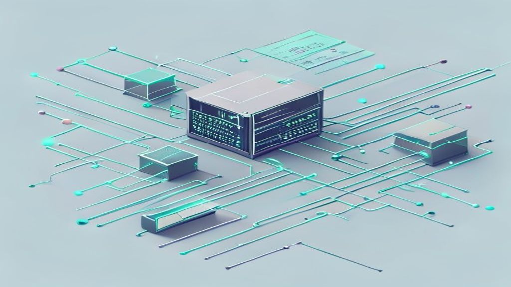 An isometric 3D vector diagram of stylized digital server blocks connected by circuits.