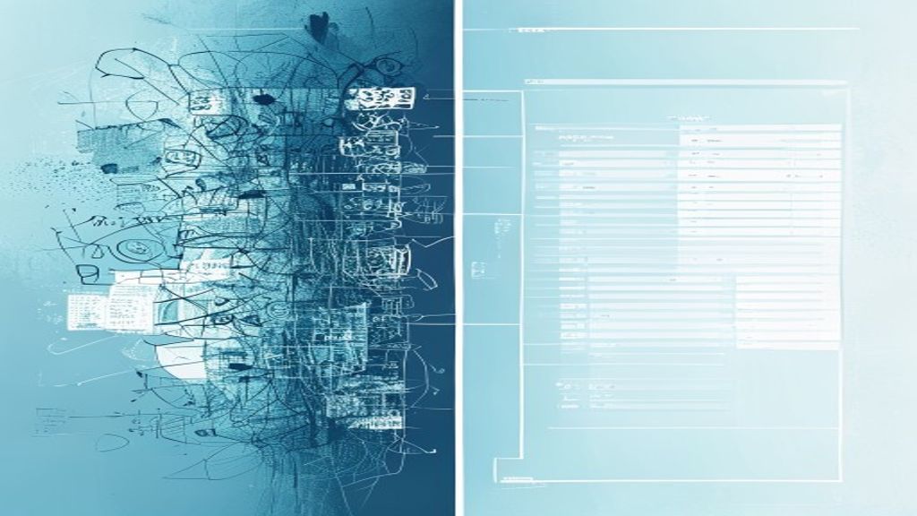 A digital split-screen graphic showing messy raw data transforming into a clean database.