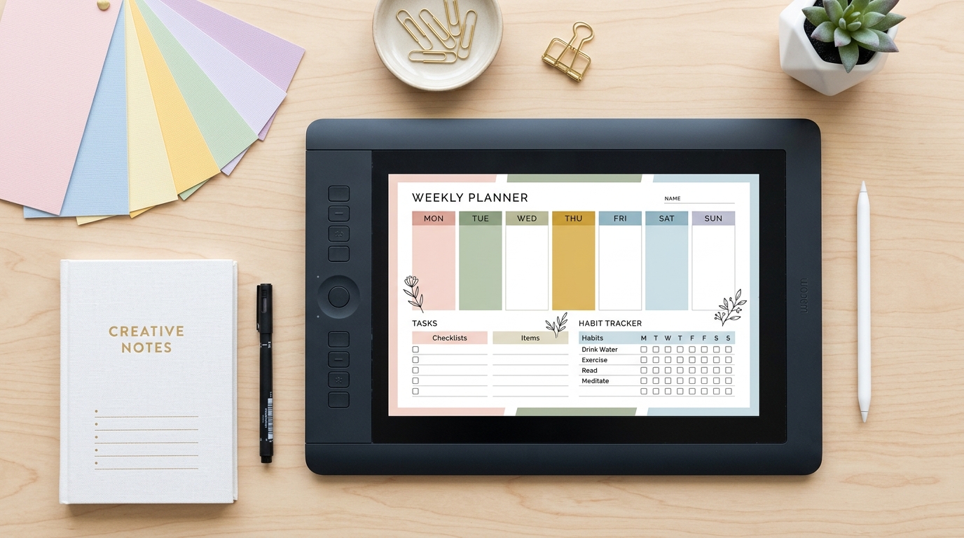 A digital tablet showing a beautifully formatted weekly planner layout, lying on a white desk next to color swatch cards and stylus pen.