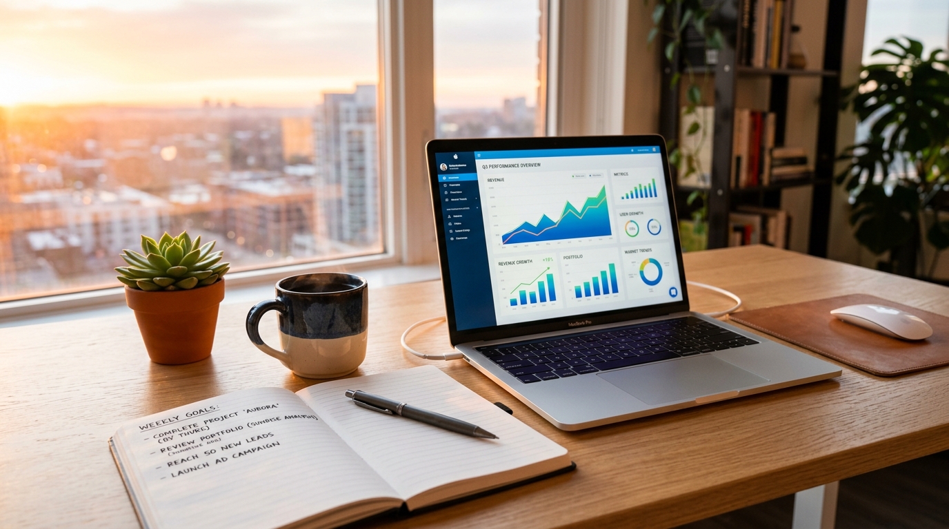 A bright, modern home office desk featuring a laptop displaying a growing colorful financial revenue chart, next to a notebook with plans and a warm cup of coffee in the morning light.