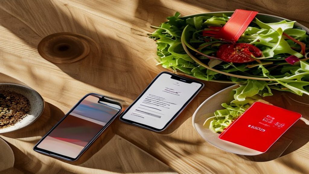 A high-angle flat lay of a modern dining table with a smartphone showing a DoorDash food delivery order confirmation screen, a glossy red gift card resting next to it, and a fresh salad bowl.