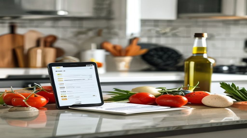 A smartphone displaying a receipt-scanning app interface, scanning a paper store receipt on a kitchen counter next to fresh groceries and a bottle of olive oil.