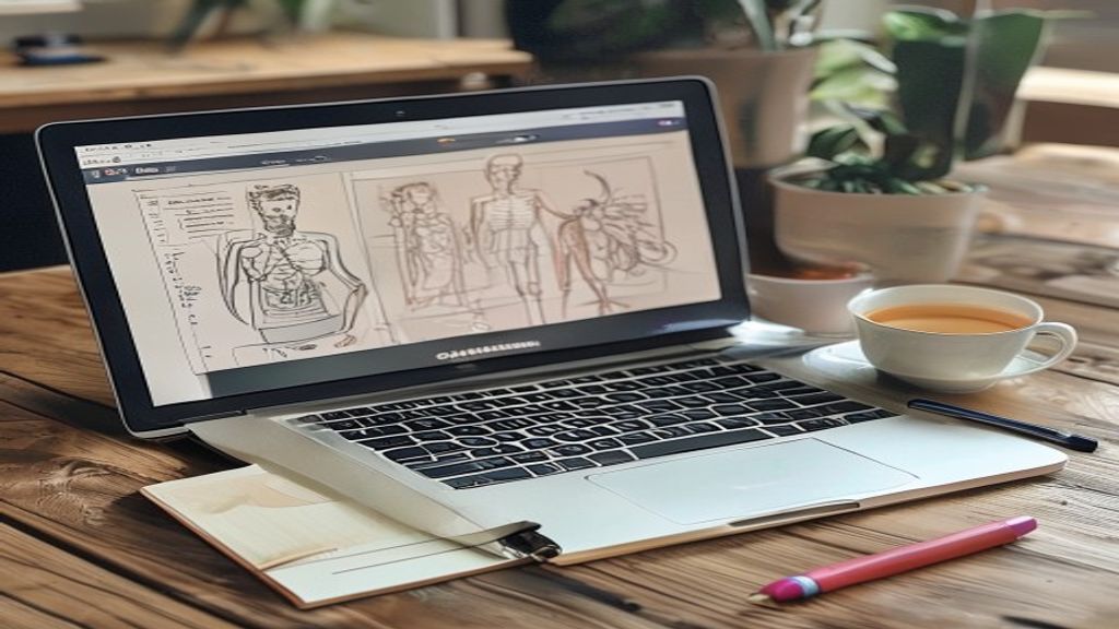 A video course on a laptop showing cartoon anatomy lessons.