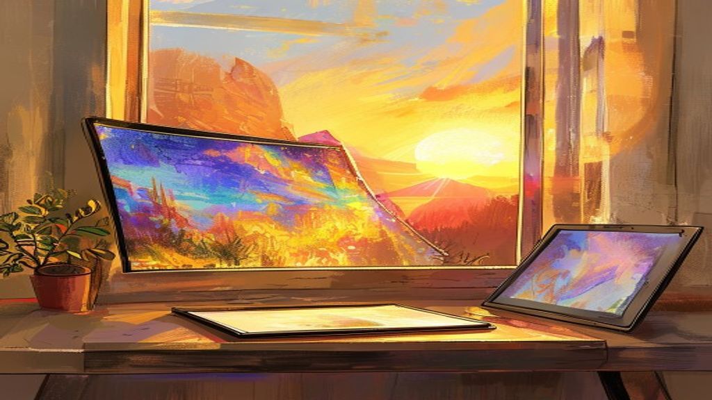 A drawing tablet displaying a finished digital painting against a sunrise.