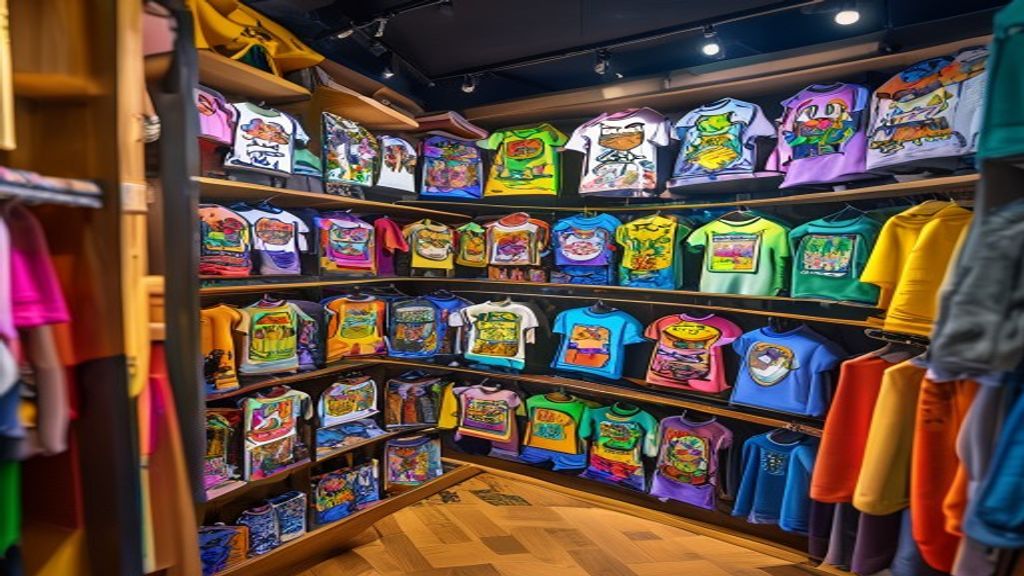 A rack of t-shirts and stickers printed with custom cartoons in a shop.