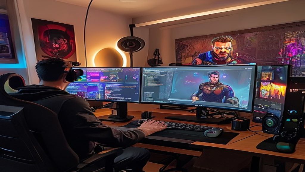 A streaming setup with Twitch chat overlay and live illustration work.