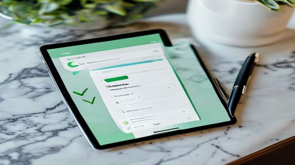 A modern tablet screen showing a clean mobile banking application dashboard with a positive deposit notification and a green success checkmark, resting on a marble tabletop next to a sleek pen.