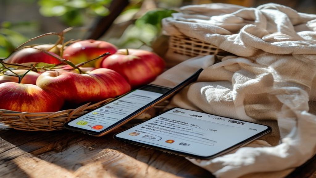 A smartphone display showing a grocery receipt scanning application with rebate cash values populating on screen, resting next to a fresh basket of apples and a cotton grocery bag in daylight.