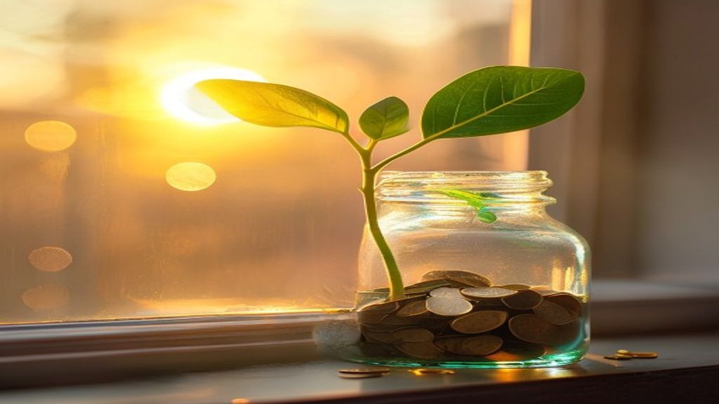 A close-up of a vibrant green seedling growing out of a small jar filled with gold coins, resting on a windowsill with soft sunset light filtering through the glass.