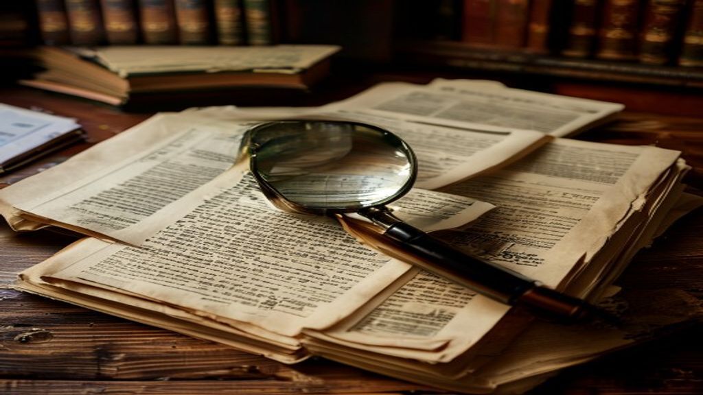 A wooden desktop with a magnifying glass resting on top of a neat stack of old documents, folders, and an open browser displaying search results for assets.
