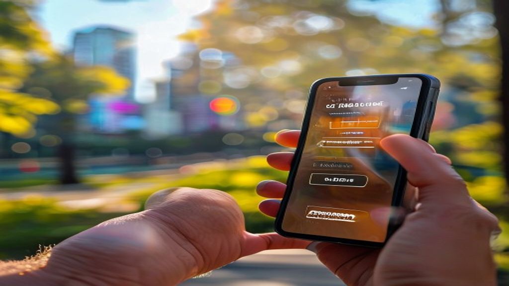 A close-up of a smartphone lock screen displaying reward notification icons and points earned, held in a hand with a blur of a modern city park background.