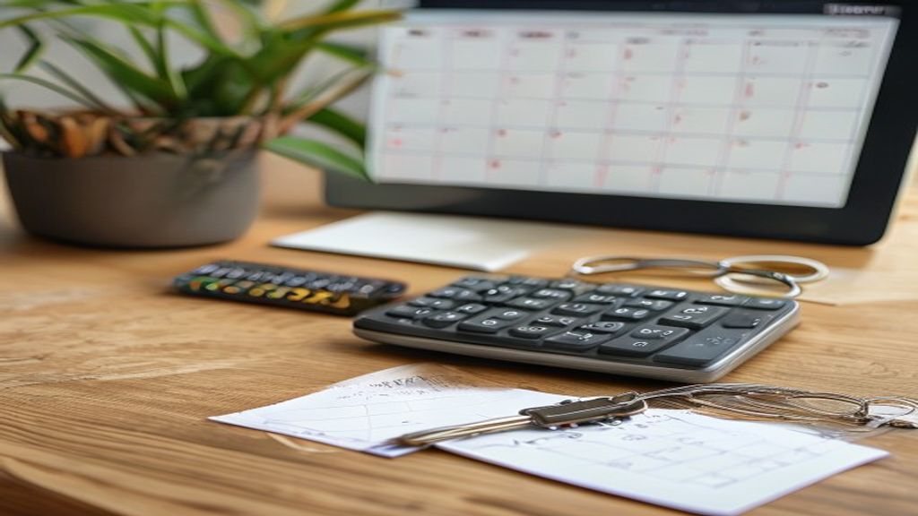 An organized workspace layout with a calendar displaying highlighted promotion deadlines, a desk calculator, and a key chain resting on a clean wooden table.