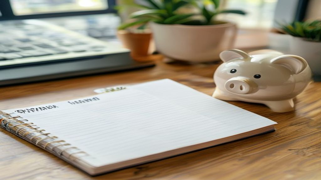 A physical ledger notebook showing neat columns of passive income calculations next to a small wooden piggy bank on a clean desk.