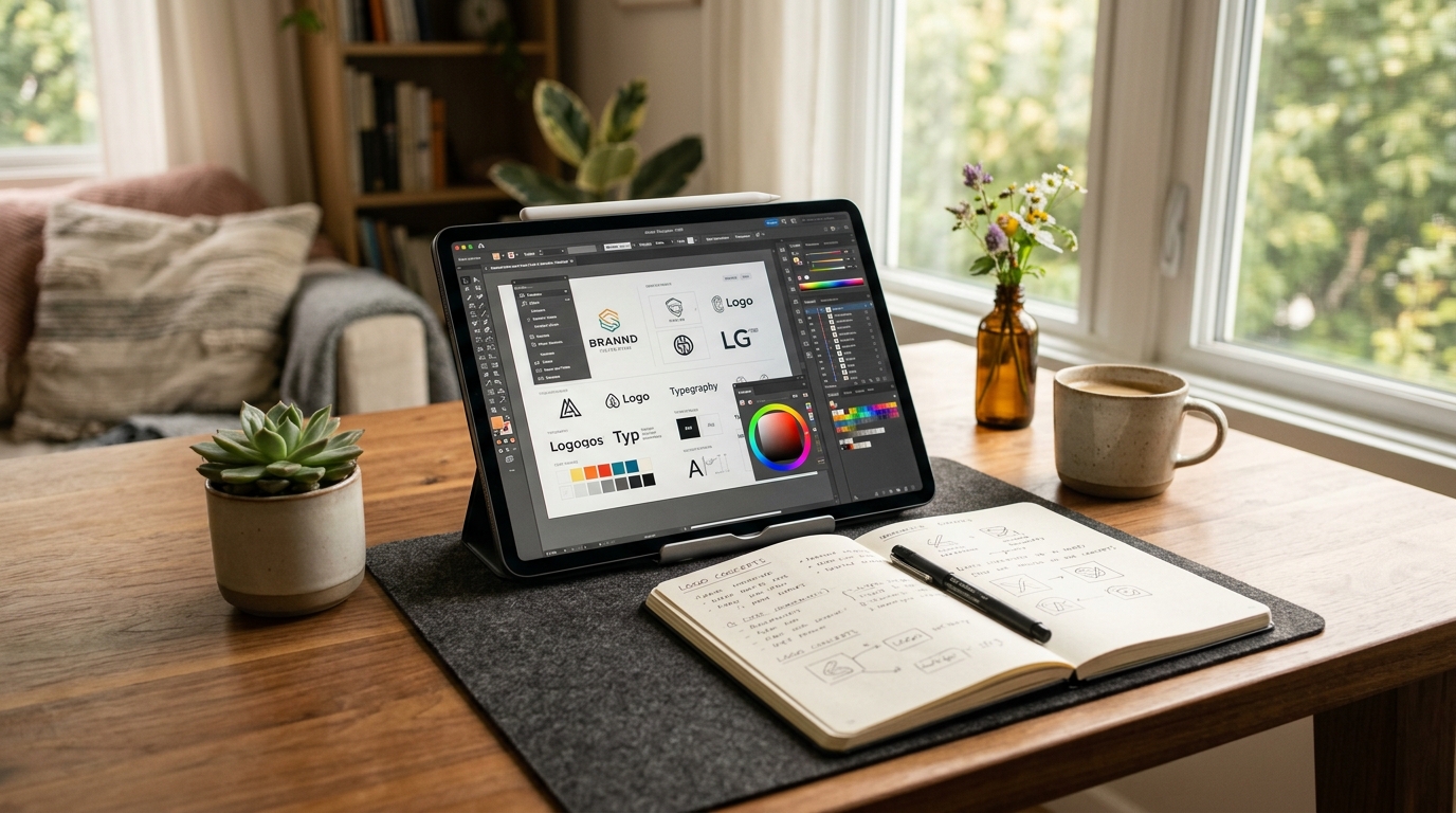 A modern desk with a tablet displaying a design dashboard next to a notebook in morning sunlight.