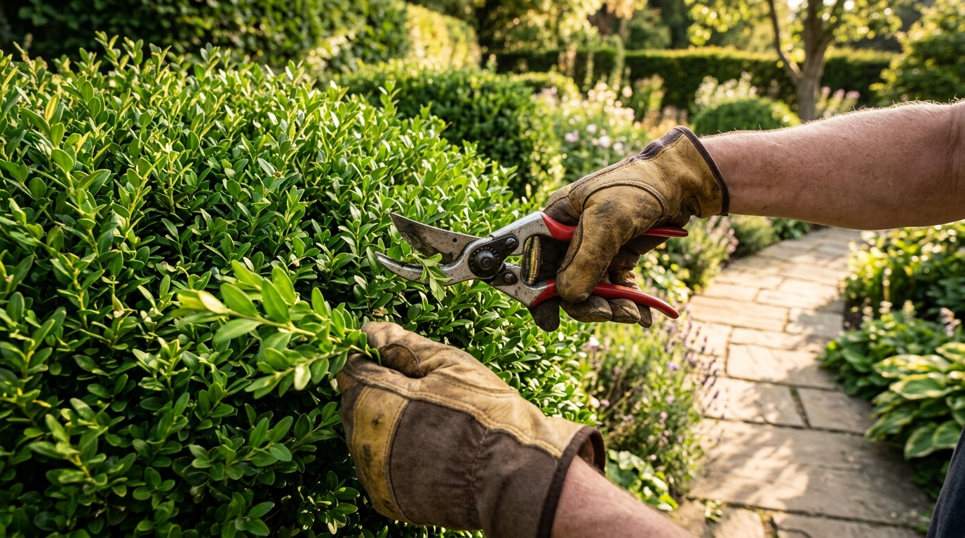 Hands wearing work gloves using garden shears to trim hedges along a clean garden path.