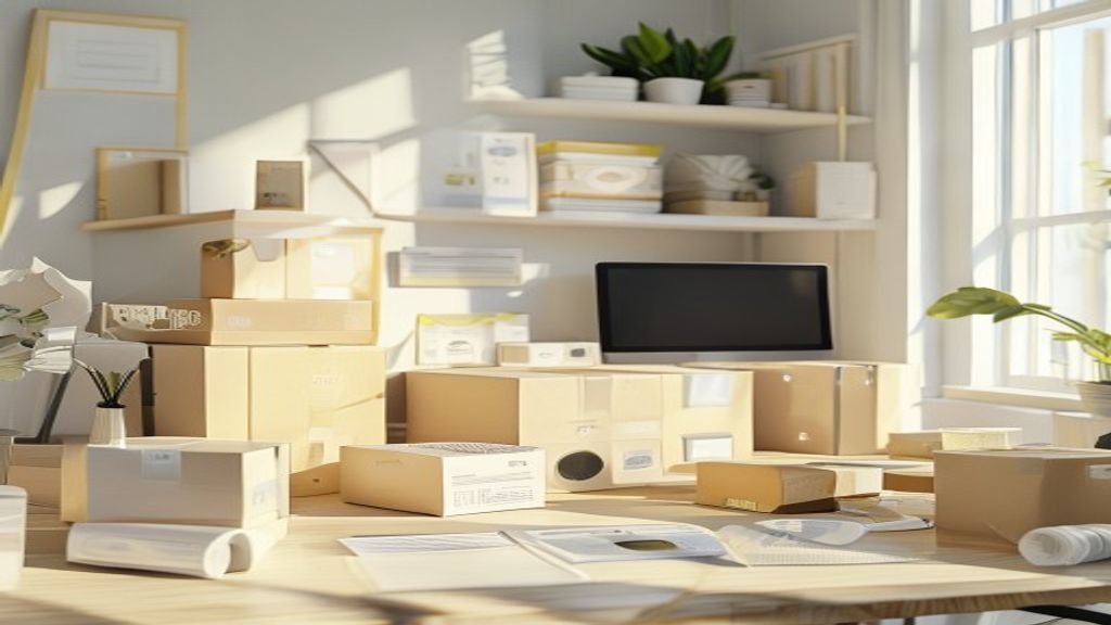 An organized home packaging and shipping station with boxes, shipping labels, and scales.