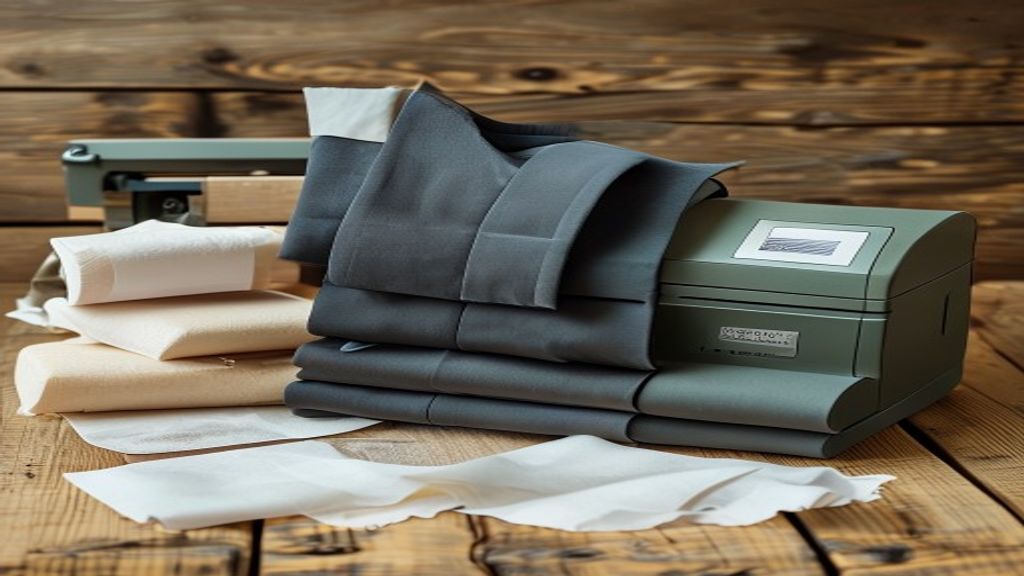 A shipping label printer and folded clothing items ready for packing.