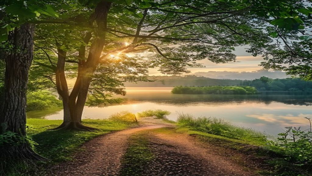 A quiet lake at sunrise with a path leading through trees, symbolizing financial peace.