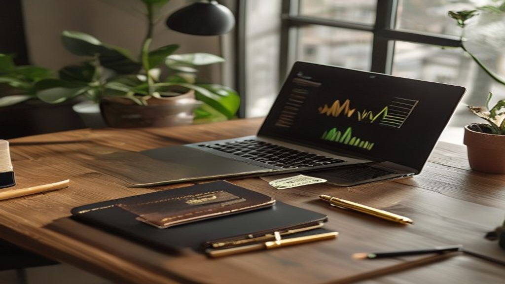 A modern minimalist desk with a laptop showing financial graphs, a notebook, and a wallet.