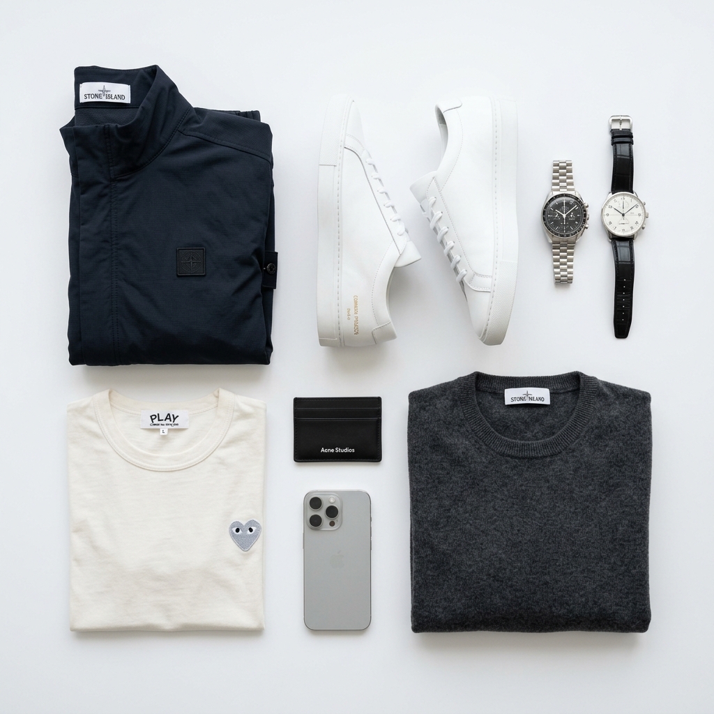 A flat lay of designer sneakers, watches, and clothes laid out for online resale.