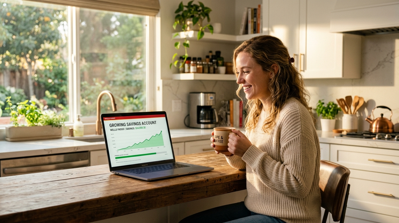 A hopeful person sitting at a kitchen table looking at a laptop dashboard showing growing savings, with warm ambient lighting.