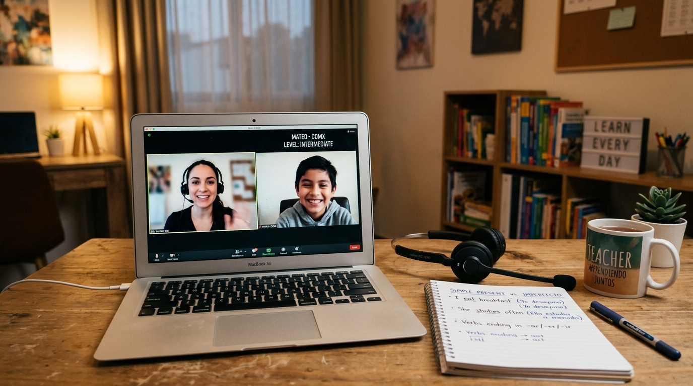 A laptop showing a video call with a student, headphones resting on the keyboard, and grammar notebooks on the side.