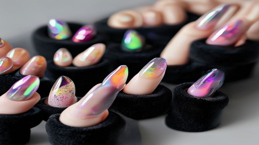 Multiple sets of custom press-on nails displayed on velvet stands showing variety of designs.