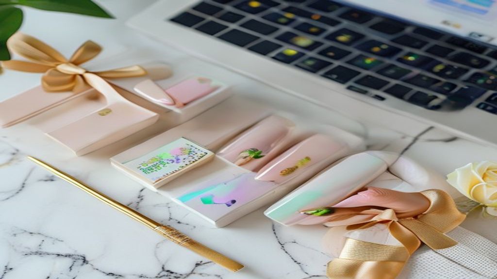 Custom hand-painted press-on nails arranged on a marble surface with packaging and tools.