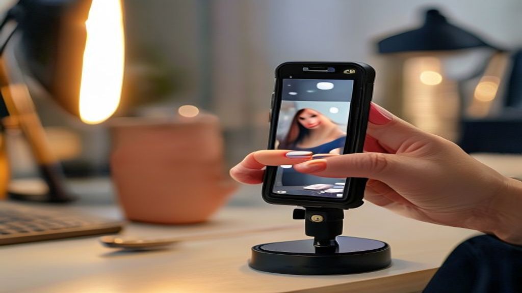 Smartphone on ring light tripod recording video of nail artist painting a press-on nail.