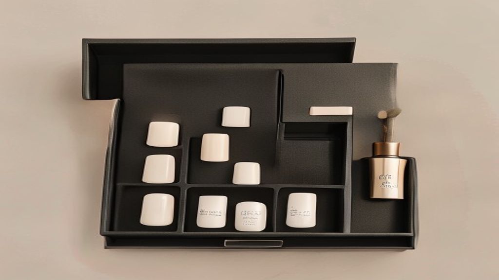 Unboxing flat lay of a press-on nail kit with branded drawer box and application tools.