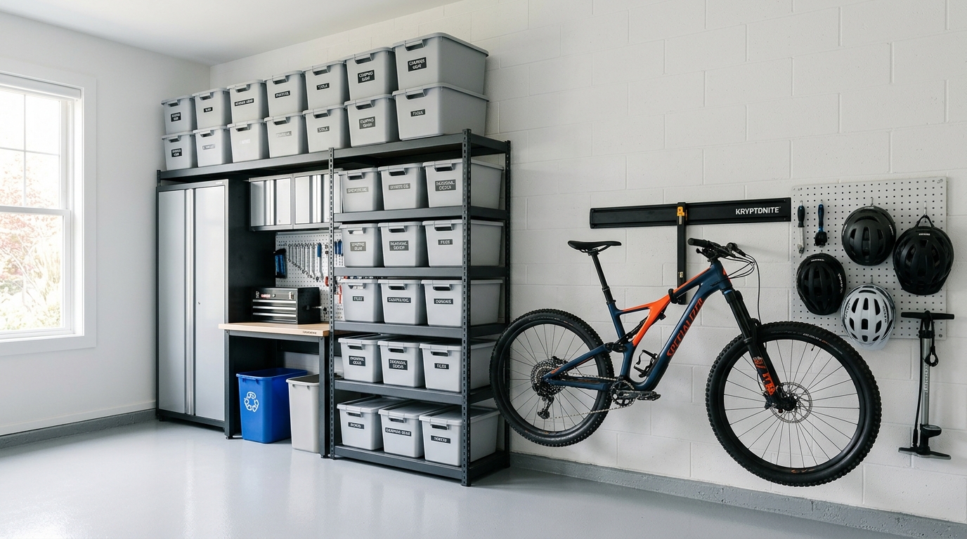 A clean, well-organized home garage filled with stacked storage boxes and a mountain bike.