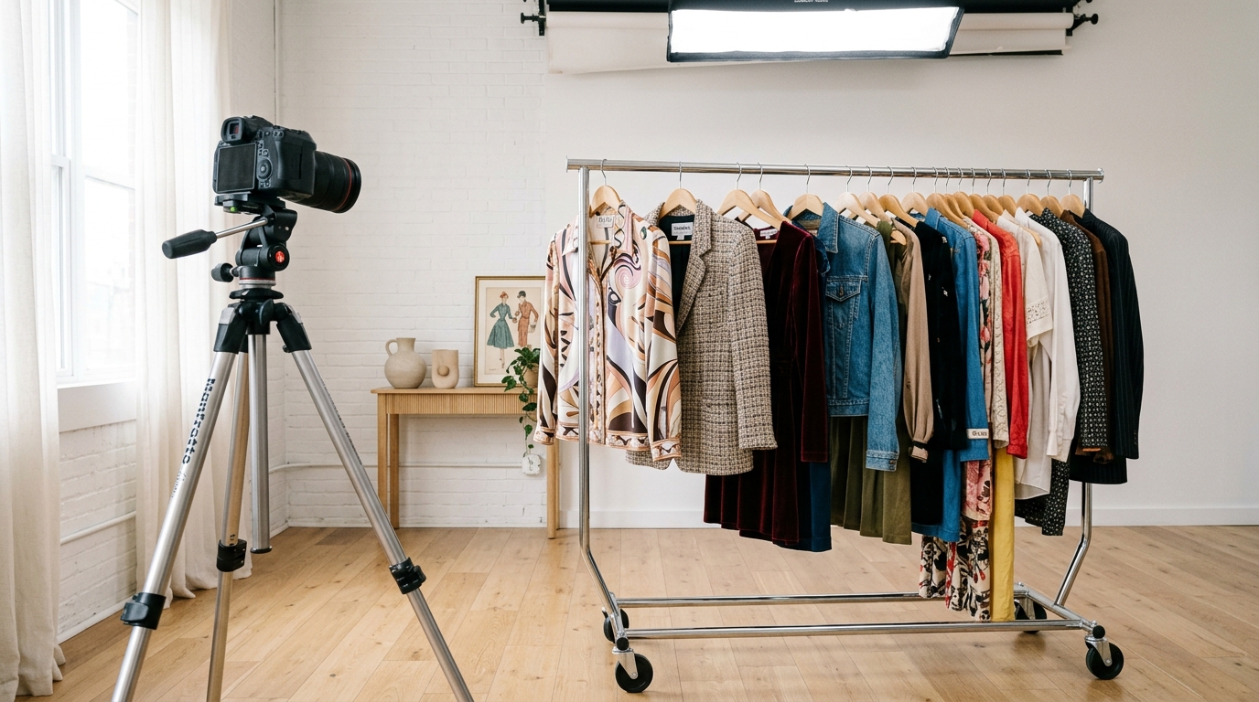 A clothing rack displaying vintage designer apparel in a clean, bright photography studio setting.