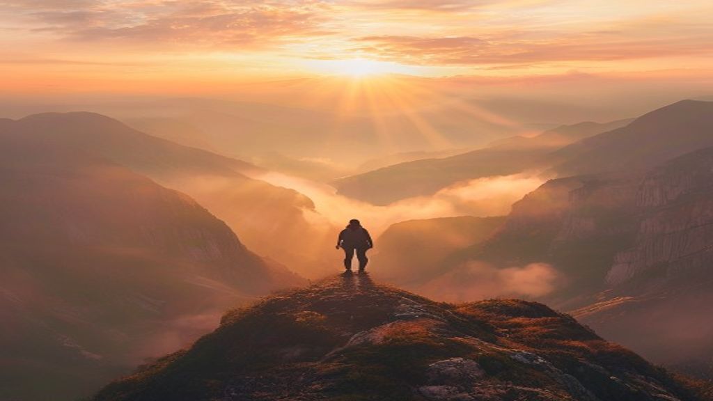 A person standing on a hilltop looking out at a peaceful valley mountain sunrise.