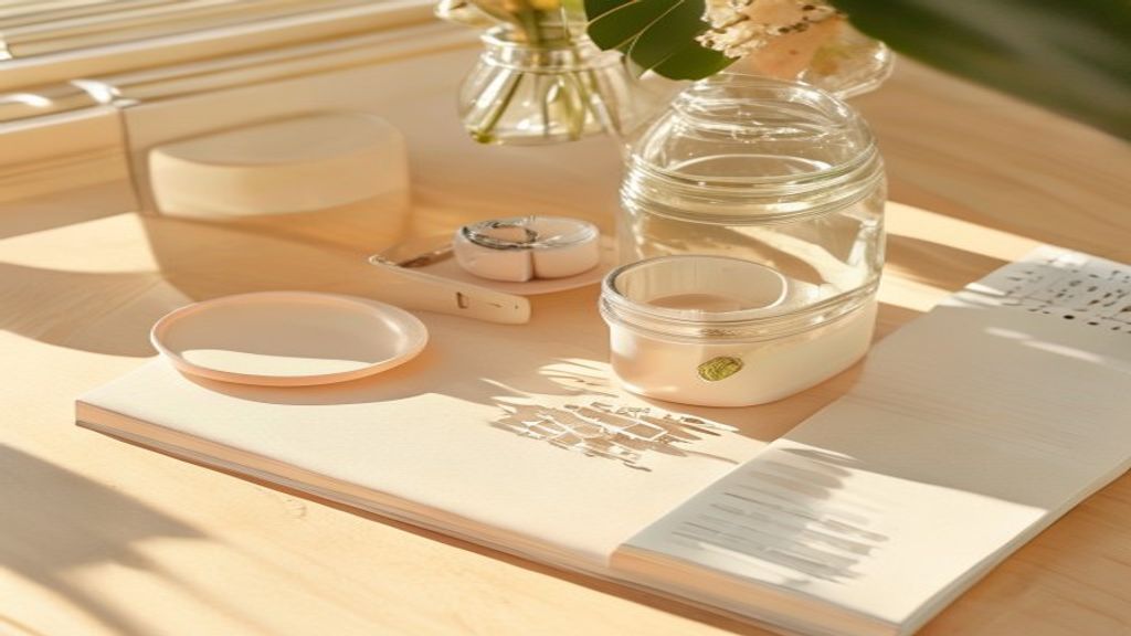 A flat lay of aesthetic home organizers, a glass storage jar, a soft beige jewelry dish, and a small pastel planner on a light oak desk in warm morning sunlight.
