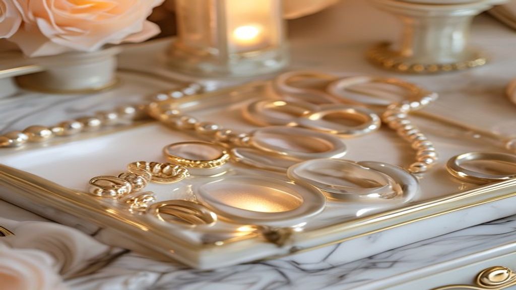 A close-up of a marble vanity tray displaying gold-plated rings, claw clips in matte pastel colors, and a delicate pearl necklace.