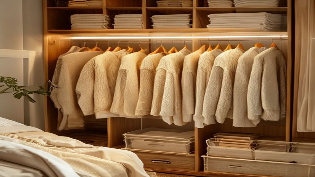 A neatly organized bedroom closet displaying clear acrylic storage bins, folded beige sweaters, and wood hangers in soft ambient lighting.