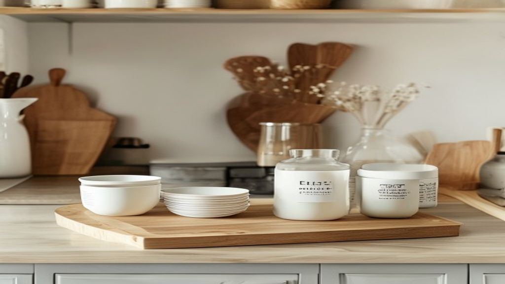 A clean kitchen counter with a bamboo cutting board, glass spice jars with white minimalist labels, and a stack of modern ceramic bowls.