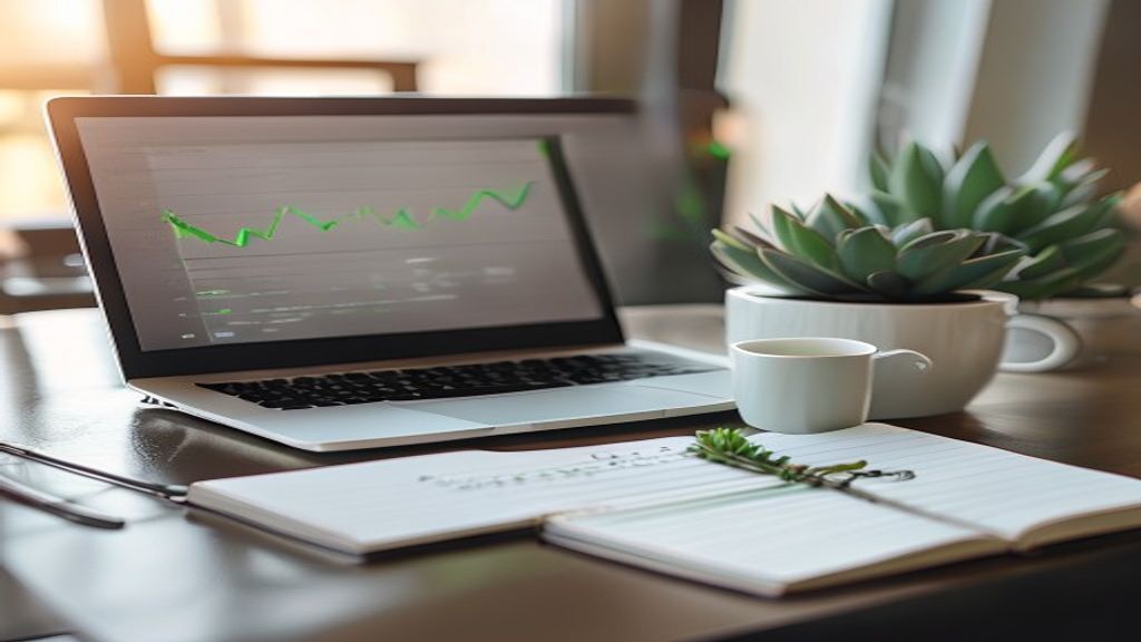 Minimalist financial dashboard displaying automated savings on a laptop alongside a coffee cup and notebook