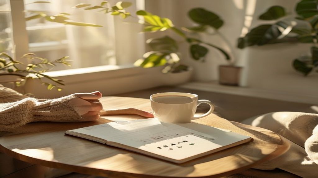 A relaxed person in a sunlit living room holding a cup of tea with a budget notebook on the table, representing financial peace