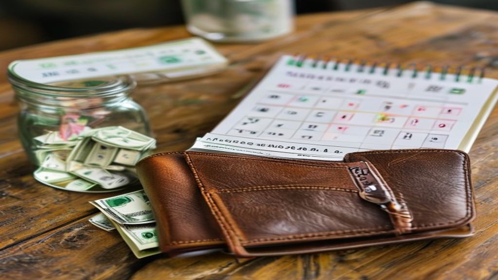 Leather wallet next to a savings jar labeled Sinking Funds and a highlighted calendar