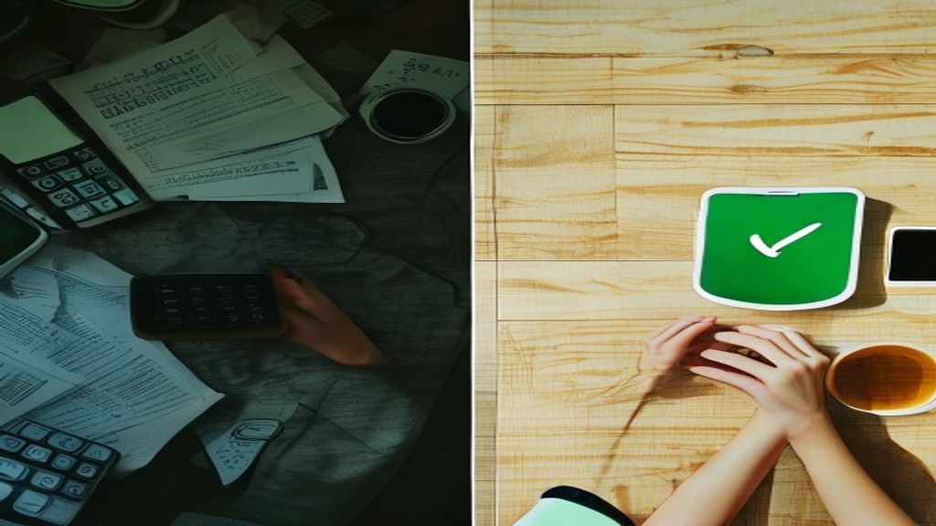 Split screen comparison between a cluttered desk under restriction and a bright table showing financial peace